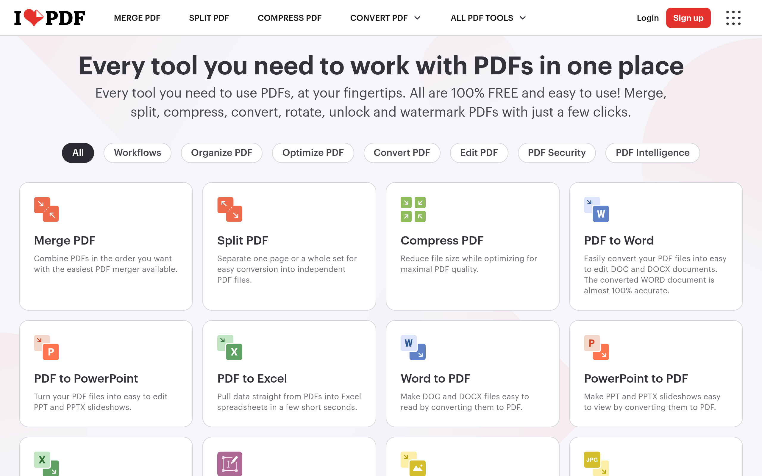 Griglia degli strumenti di iLovePDF