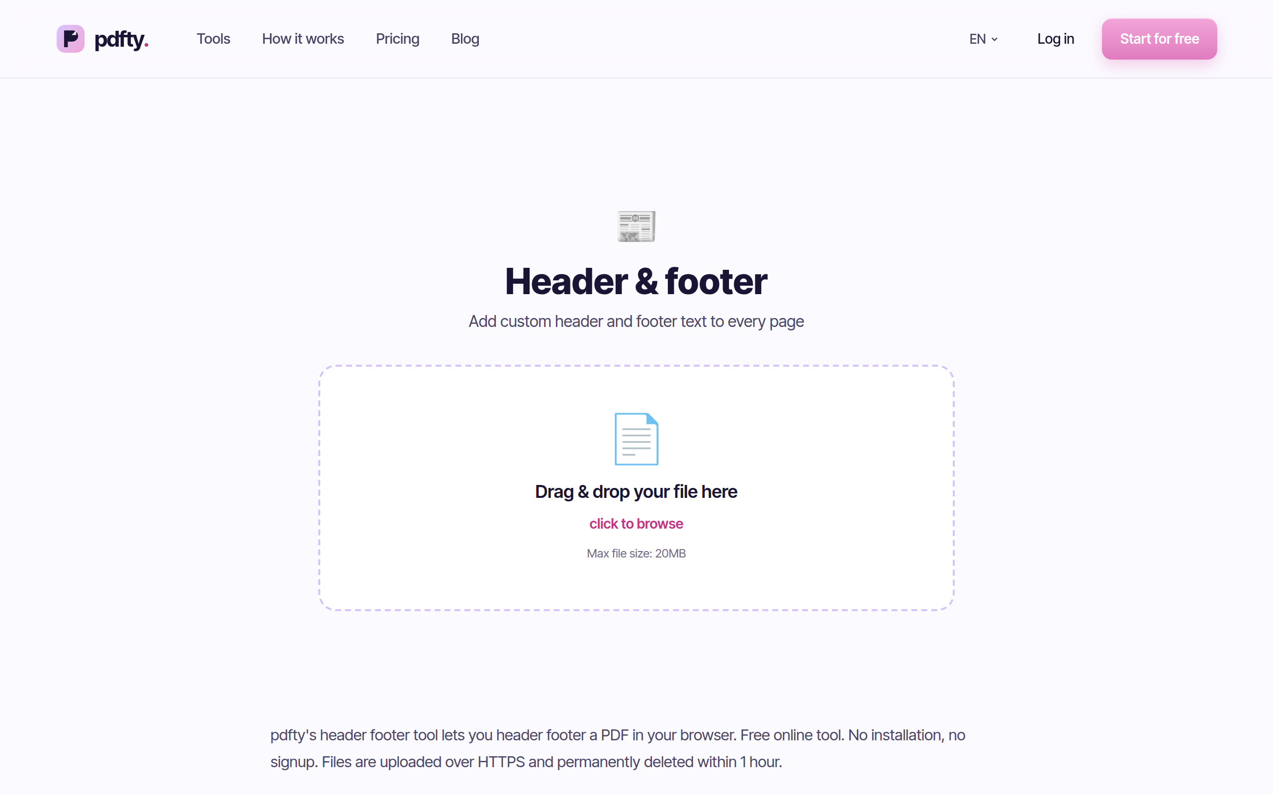 The pdfty Header & Footer tool