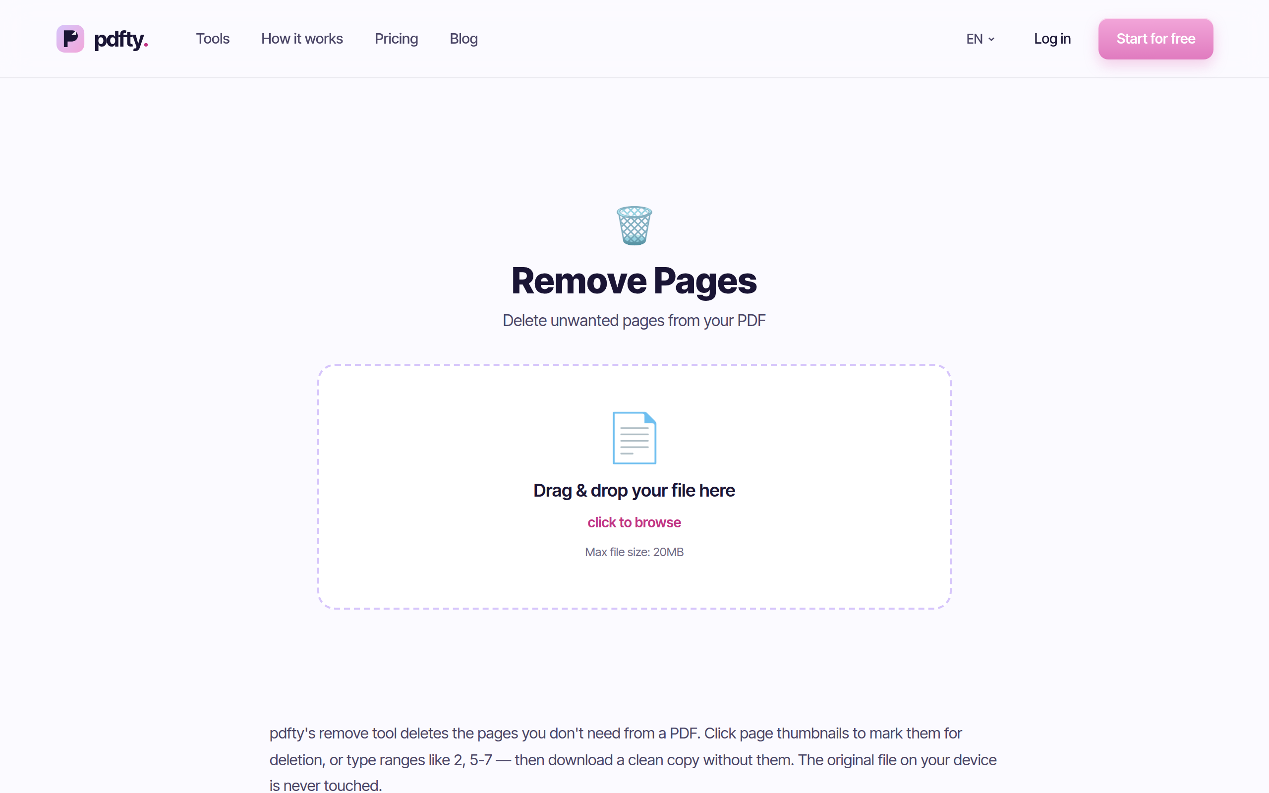 The pdfty Remove pages tool