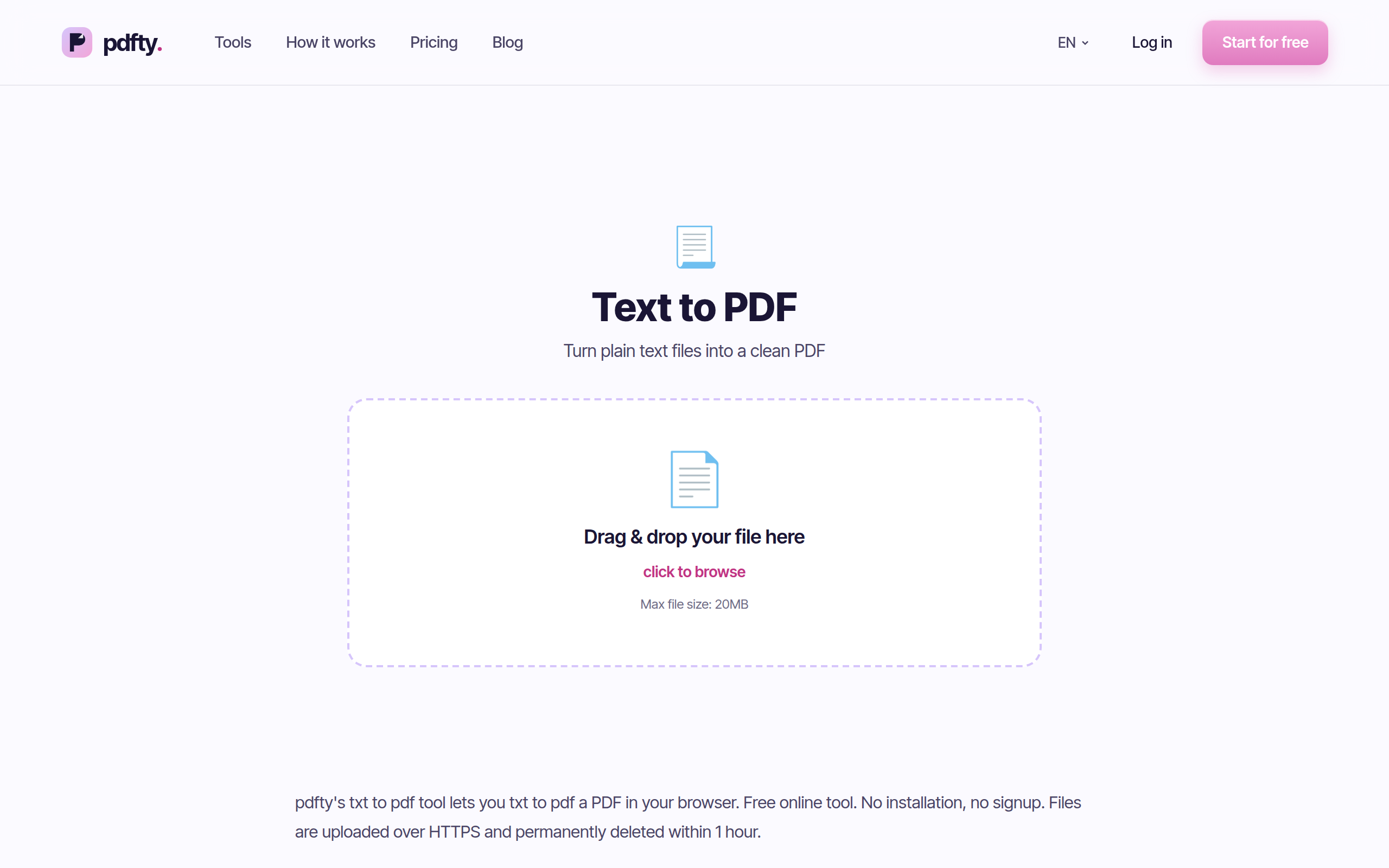The pdfty TXT to PDF tool