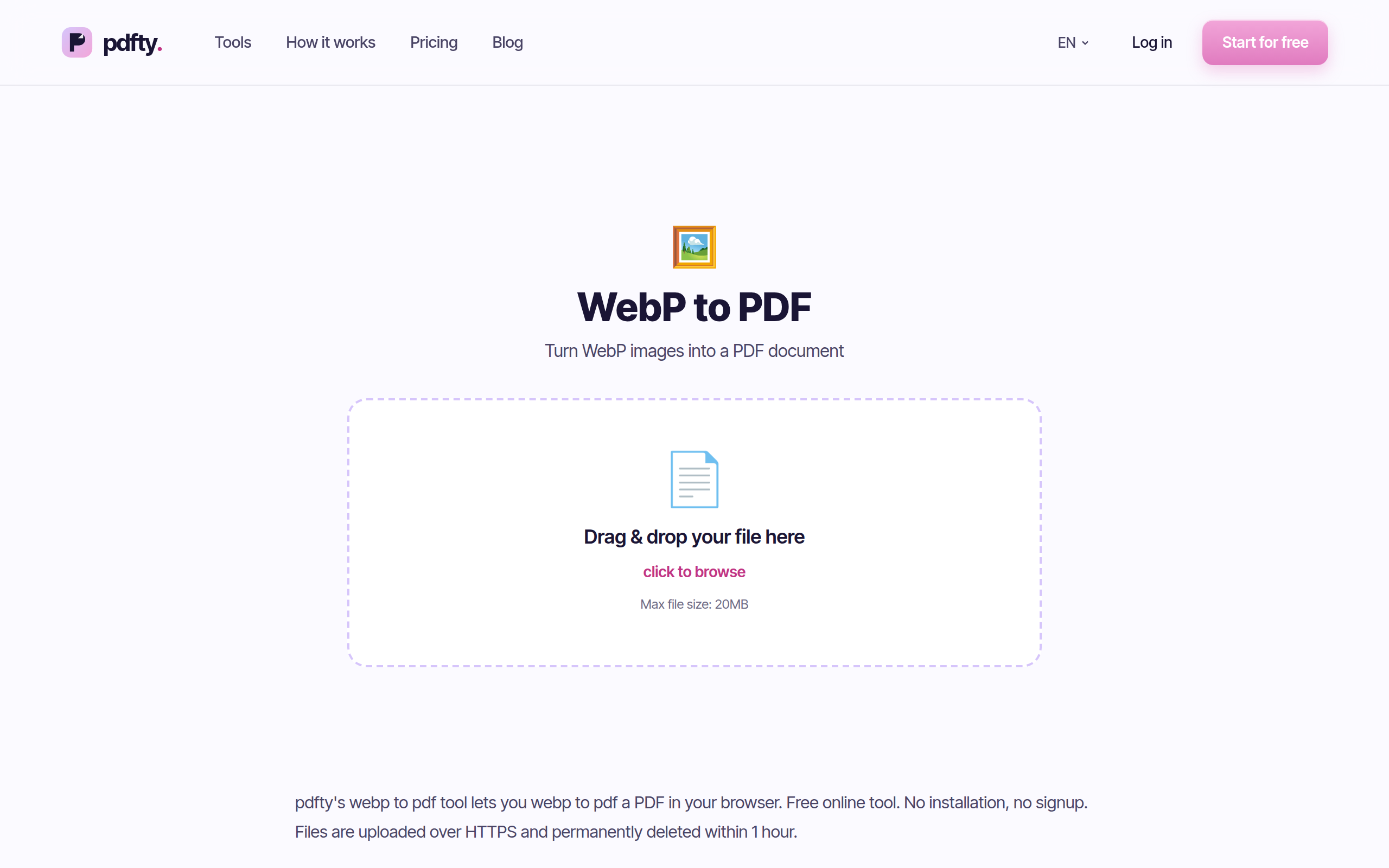 The pdfty WebP to PDF tool