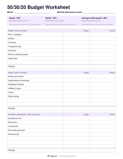Printable 50/30/20 budget worksheet with needs, wants and savings blocks