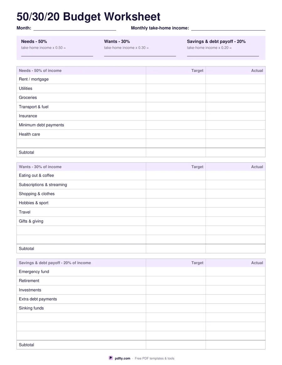 Printable 50/30/20 budget worksheet with needs, wants and savings blocks