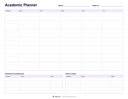 Printable academic planner with subject rows, five day columns and homework and exam strips