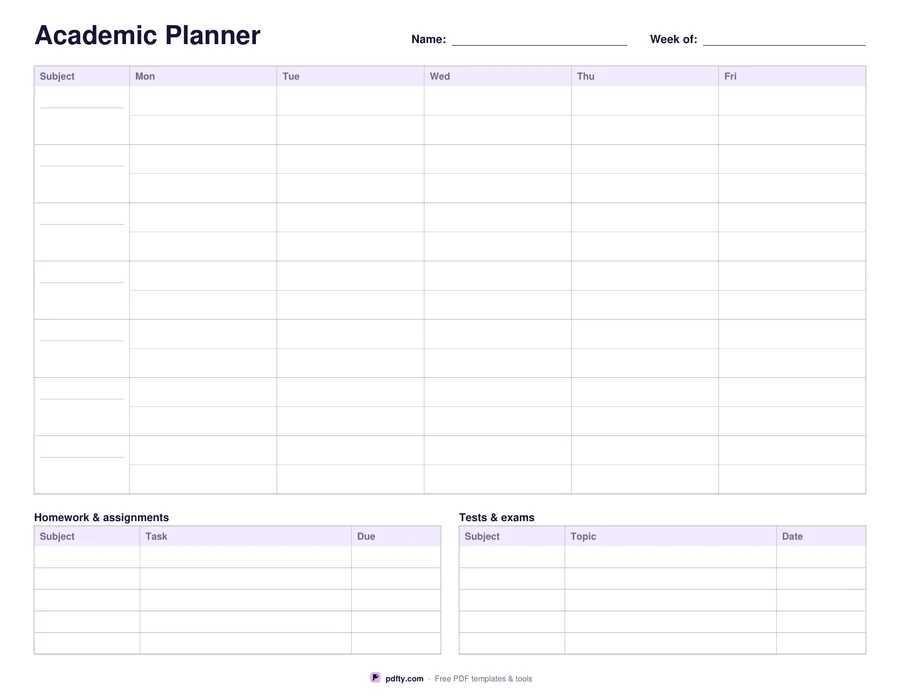 Printable academic planner with subject rows, five day columns and homework and exam strips