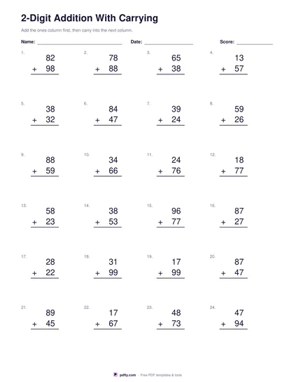 Printable addition worksheet with 24 two-digit column addition problems