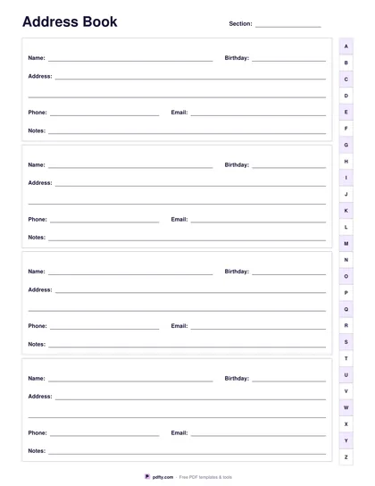 Printable address book page with name, address, phone, email and birthday lines and an A to Z tab strip