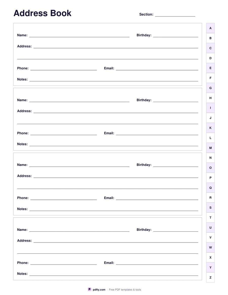 Printable address book page with name, address, phone, email and birthday lines and an A to Z tab strip