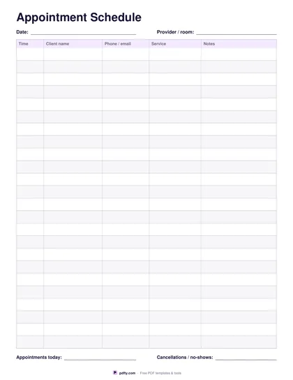 Printable appointment schedule with 24 rows for time, client, contact, service and notes