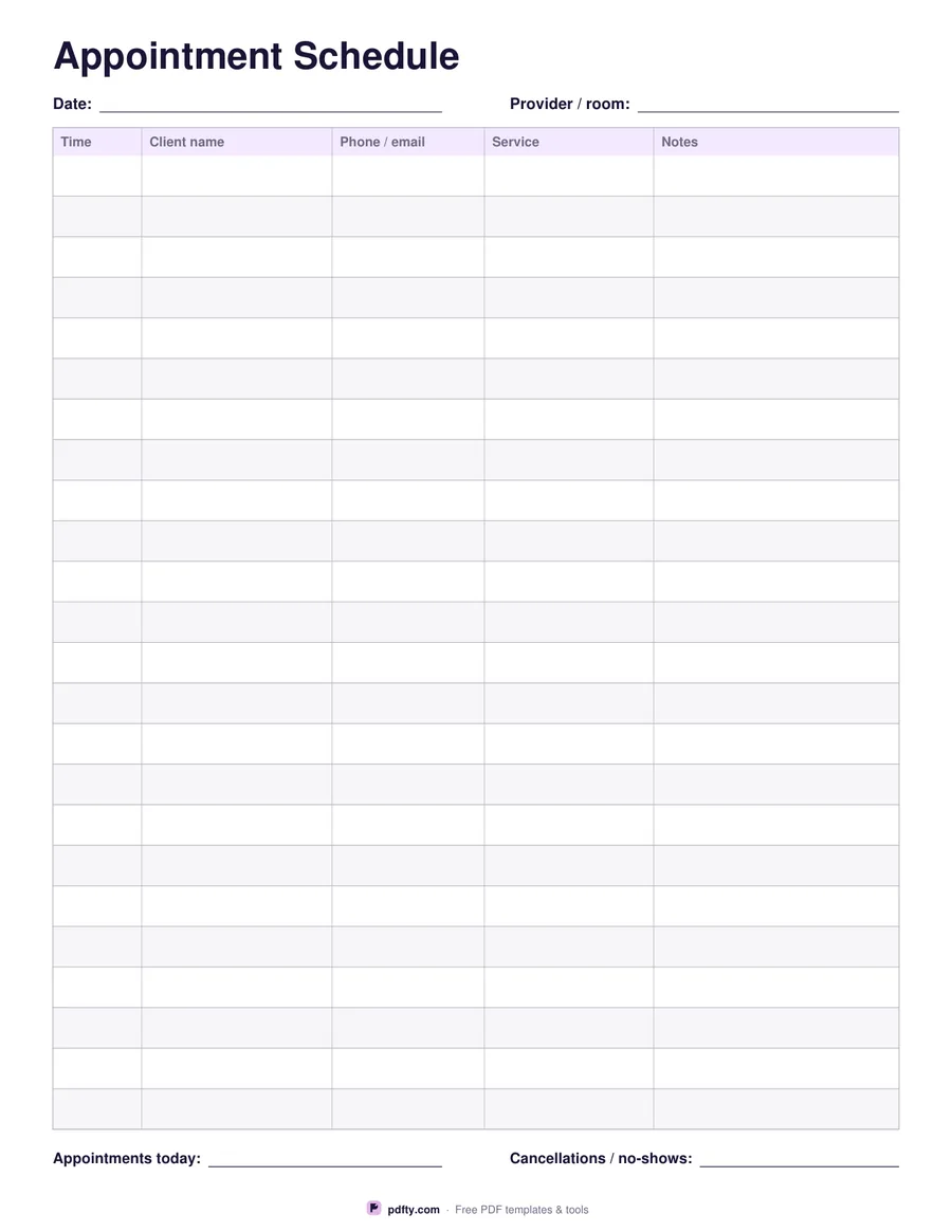 Printable appointment schedule with 24 rows for time, client, contact, service and notes