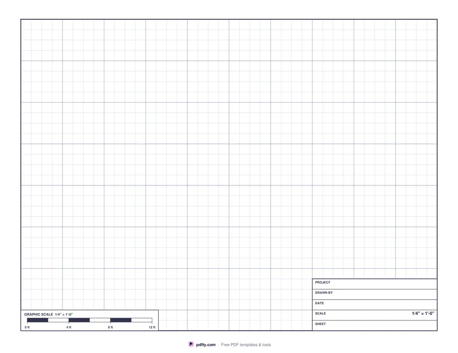 Printable architect drawing grid with a graphic scale bar and a corner title block
