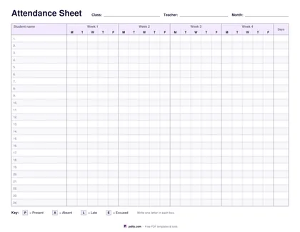 Printable class attendance sheet with student rows, weekly day columns and a marks key