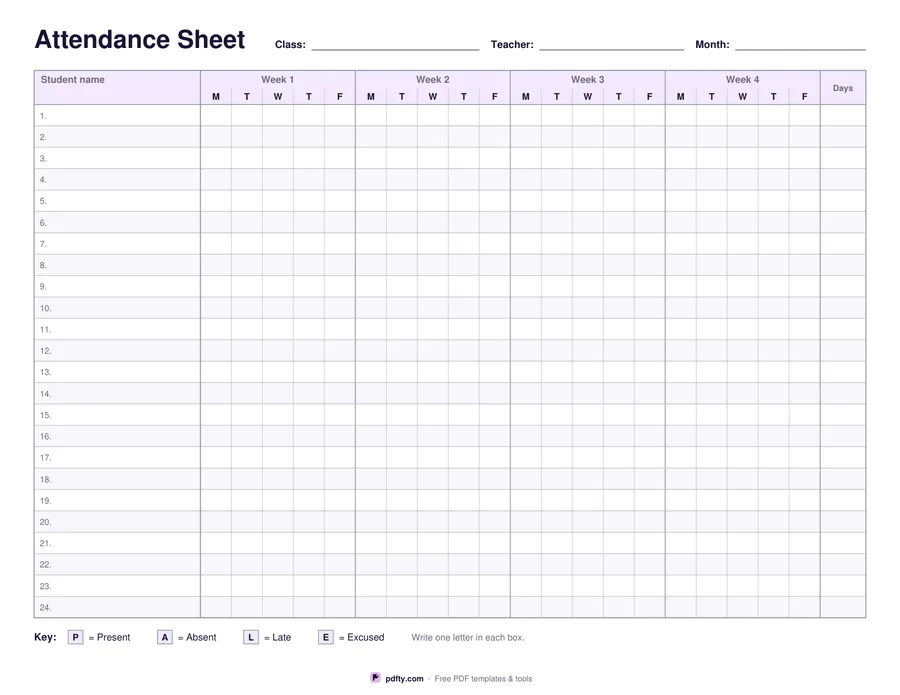 Printable class attendance sheet with student rows, weekly day columns and a marks key