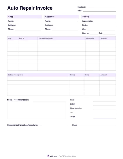 Auto repair invoice template with parts and labor