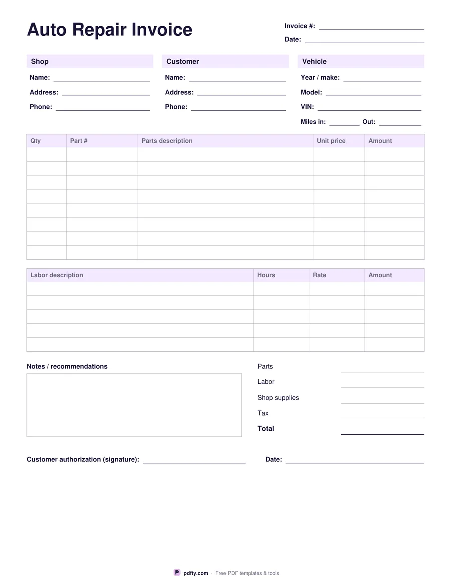 Auto repair invoice template with parts and labor