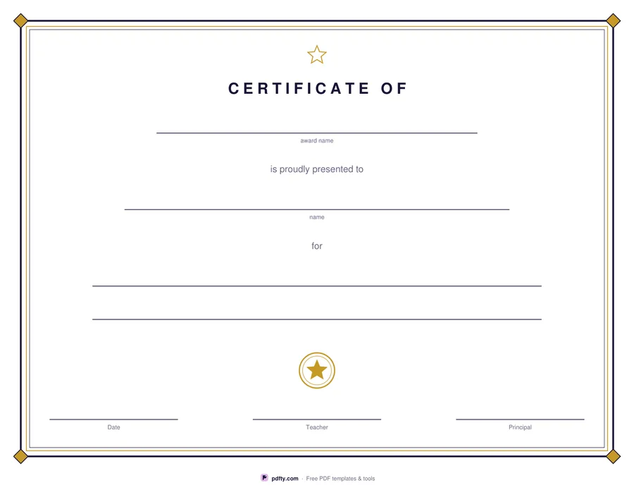 Printable award certificate with a decorative border, blanks for the name and reason, and two signature lines