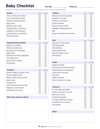 Printable baby checklist with nursery, feeding, changing, clothing, bath, health and going out sections