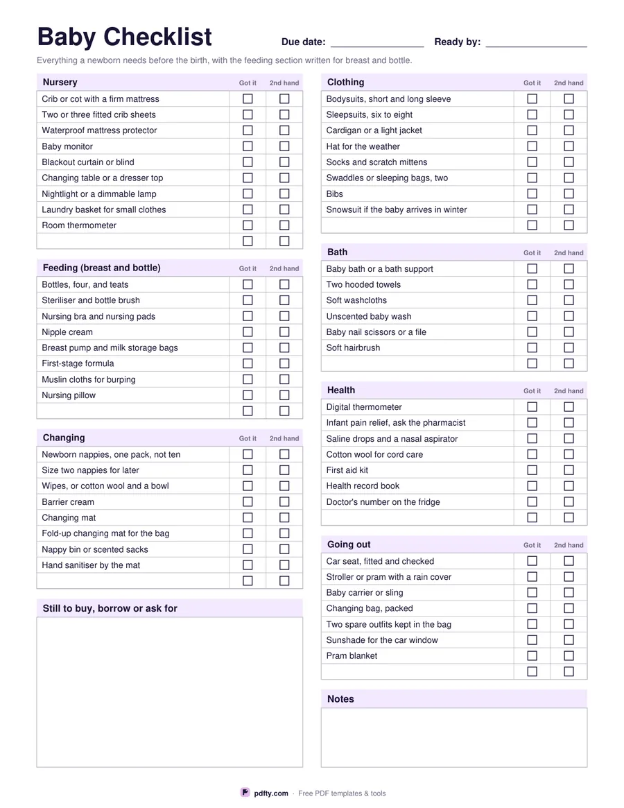 Printable baby checklist with nursery, feeding, changing, clothing, bath, health and going out sections