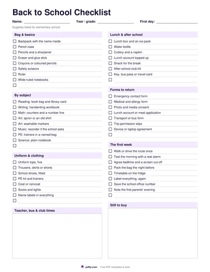 Printable back to school checklist with supplies by subject, uniform, forms to return and first week tasks