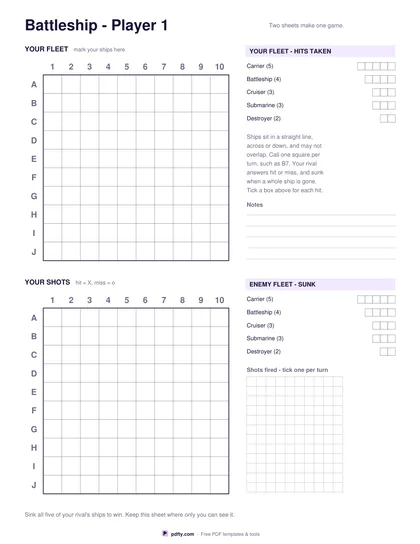 Printable battleship game sheet with two 10 by 10 grids and a fleet key