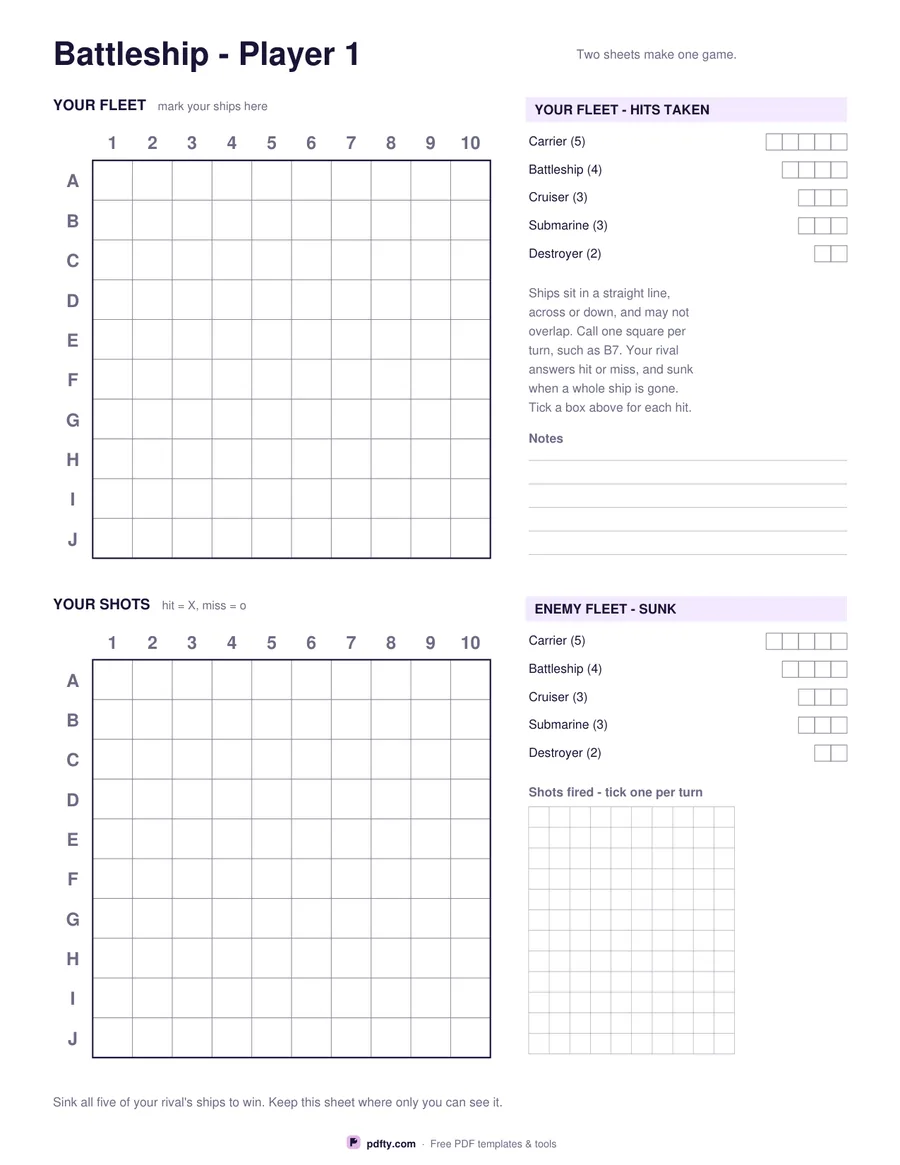 Printable battleship game sheet with two 10 by 10 grids and a fleet key