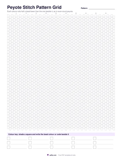 Printable peyote stitch beading grid with offset bead cells and a colour key