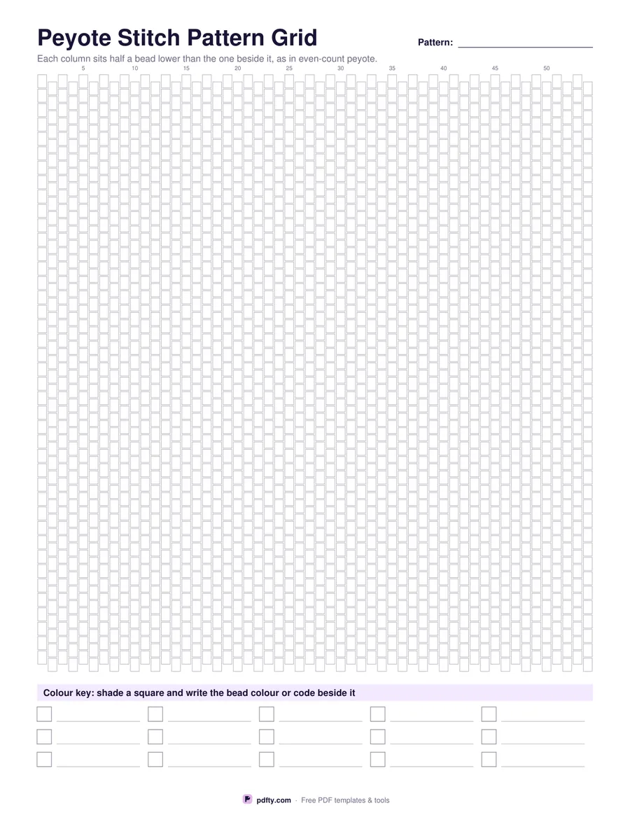 Printable peyote stitch beading grid with offset bead cells and a colour key