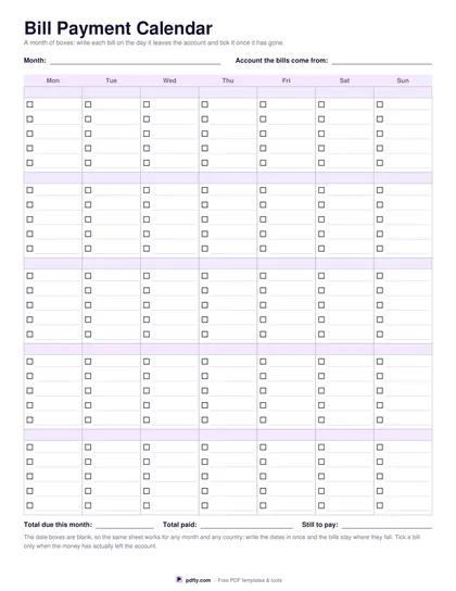 Printable bill payment calendar with a month grid, bill lines and paid tick boxes