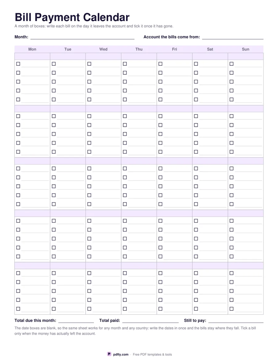 Printable bill payment calendar with a month grid, bill lines and paid tick boxes