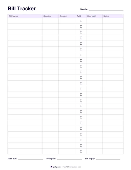 Printable monthly bill tracker