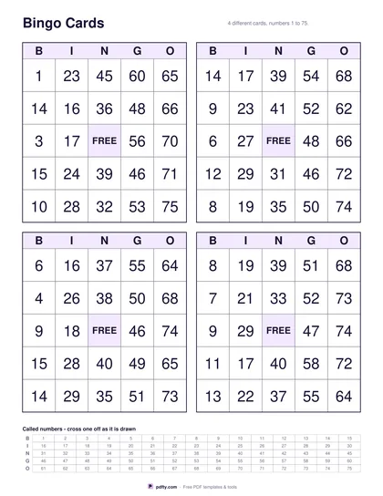 Printable bingo cards with four different 75-ball cards and a caller's strip