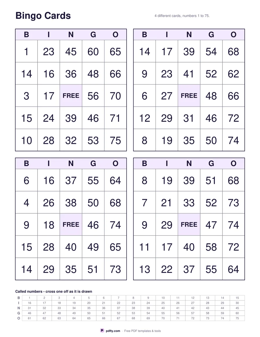 Printable bingo cards with four different 75-ball cards and a caller's strip
