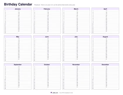 Printable perpetual birthday calendar with twelve month blocks and a line beside every day