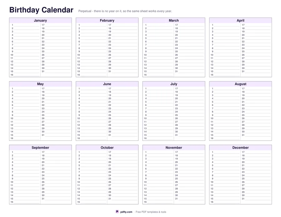 Printable perpetual birthday calendar with twelve month blocks and a line beside every day