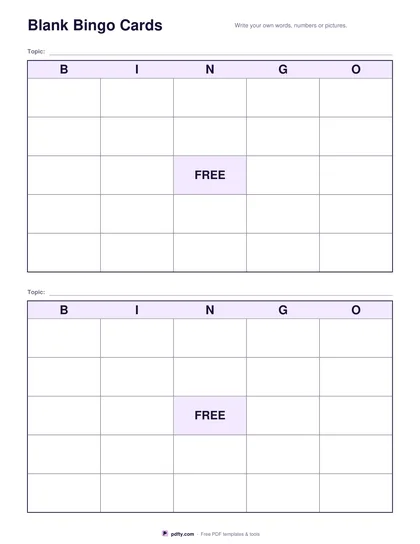 Blank printable bingo cards with empty 5 by 5 grids and a free centre square