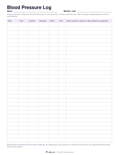 Printable blood pressure log with 30 rows for date, time, systolic, diastolic, pulse and arm