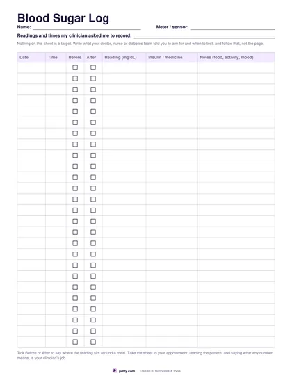 Printable blood sugar log with 26 rows for date, time, reading and medicine
