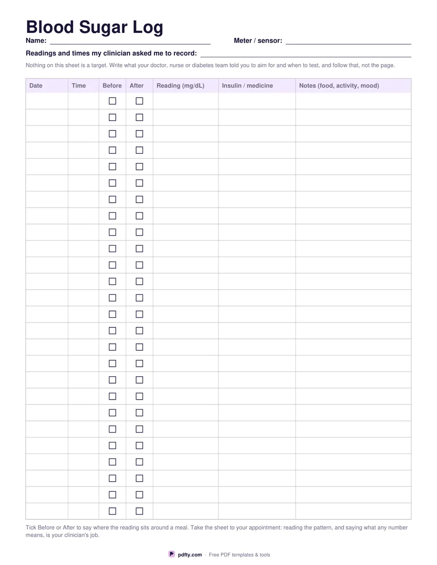 Printable blood sugar log with 26 rows for date, time, reading and medicine