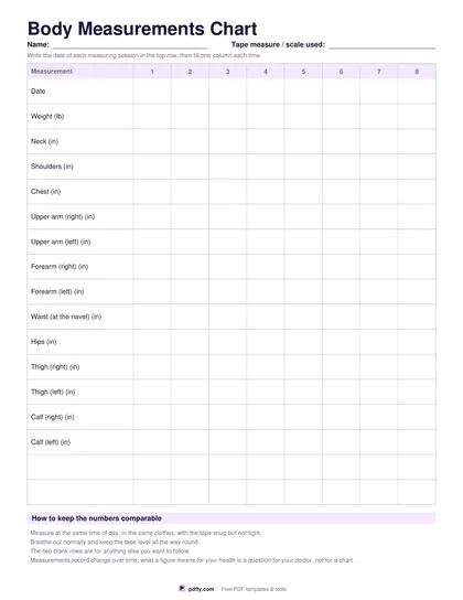 Printable body measurements chart with chest, waist, hips, arms and thighs across eight dated columns