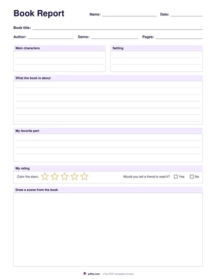 Printable book report template with title, characters, summary, star rating and a drawing box