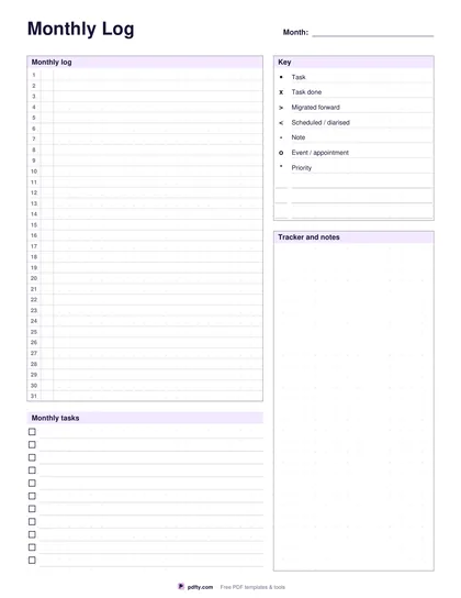 Printable bullet journal page with a 5 mm dot grid, monthly log and key legend