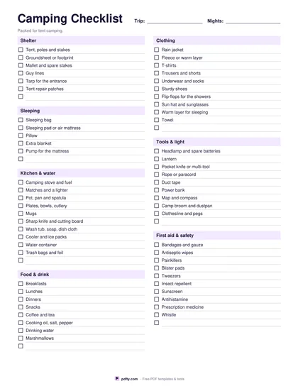 Printable camping checklist with shelter, sleeping, kitchen, clothing, tools and first aid sections