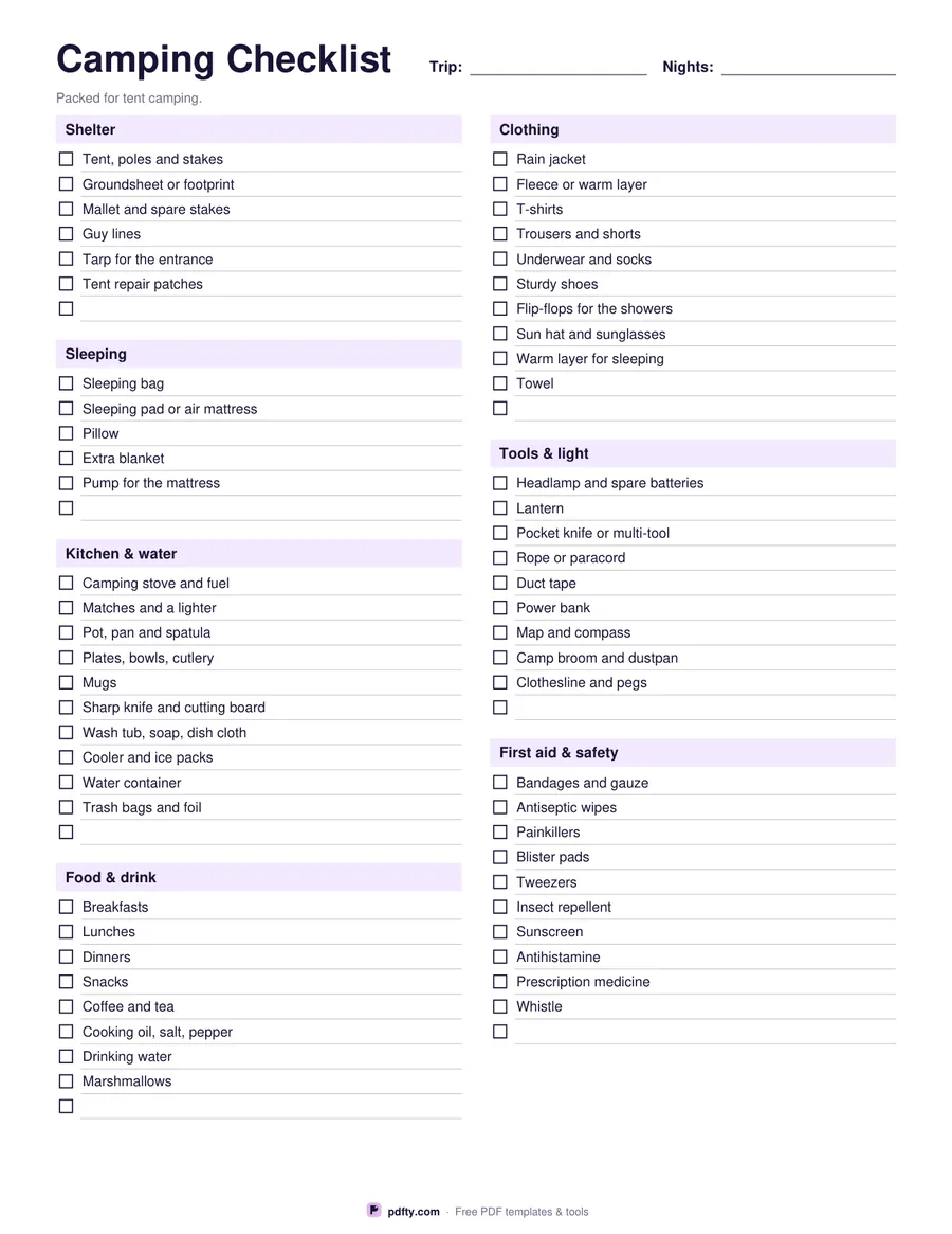 Printable camping checklist with shelter, sleeping, kitchen, clothing, tools and first aid sections