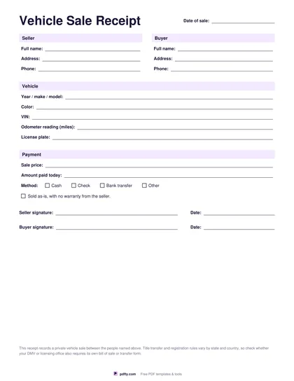 Car sale receipt template for private sales