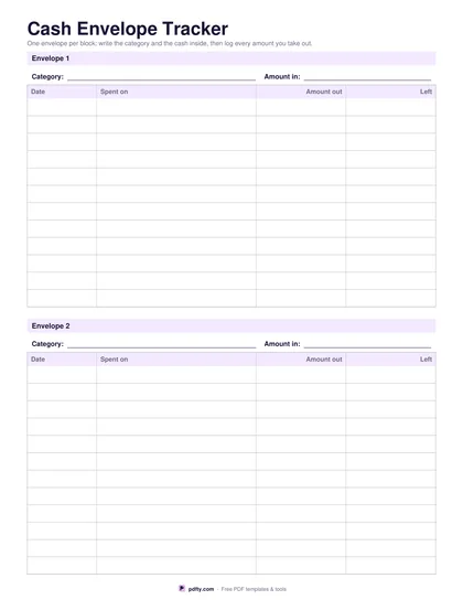 Printable cash envelope tracker with category, amount and a transaction log per envelope