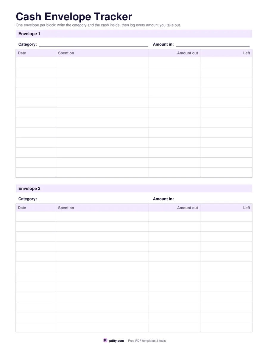 Printable cash envelope tracker with category, amount and a transaction log per envelope