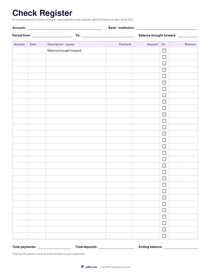 Printable check register with 30 rows for number, date, payee, payment, deposit and running balance