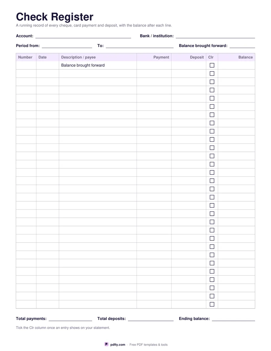 Printable check register with 30 rows for number, date, payee, payment, deposit and running balance
