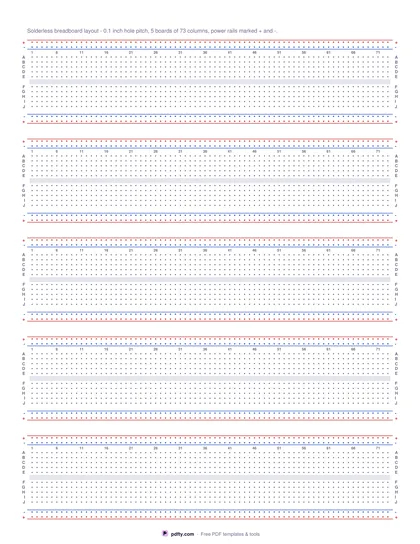 Printable breadboard layout paper with power rails, lettered rows and numbered columns