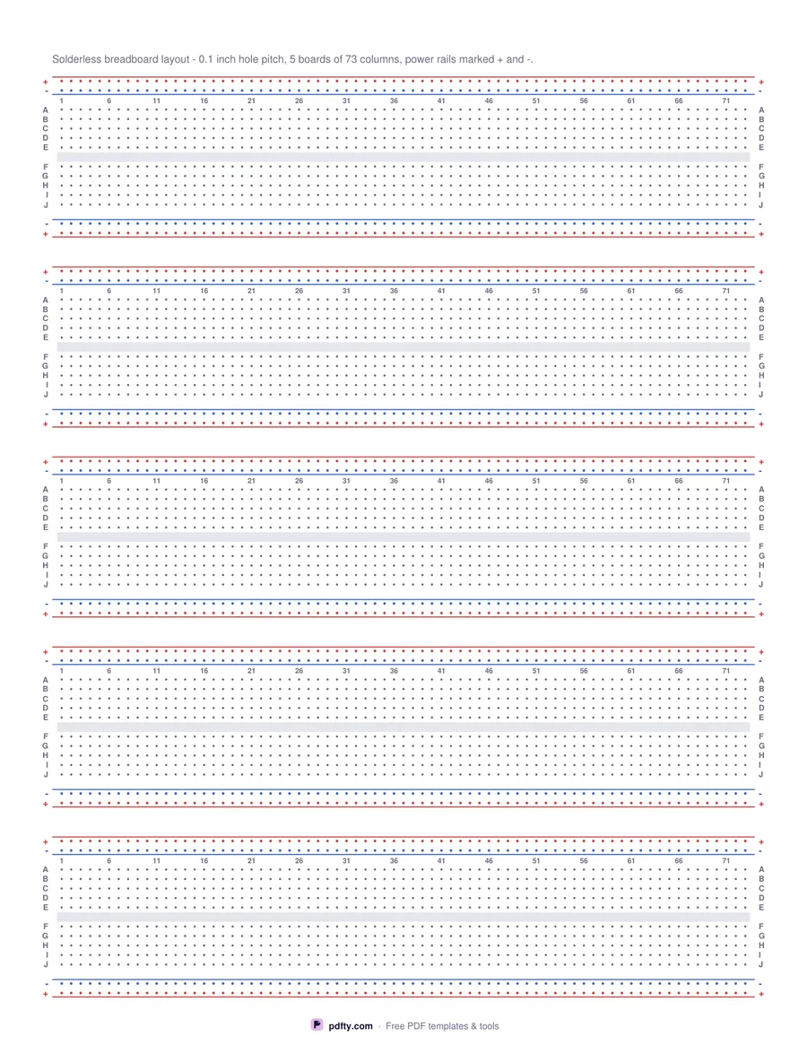 Printable breadboard layout paper with power rails, lettered rows and numbered columns